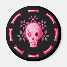 Aimant Crâne Drôle En Rose Avec Fleurs Et Os