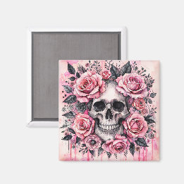 Aimant Crâne gothique et roses roses roses aquarelles Art