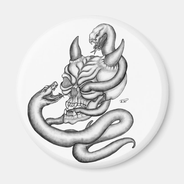 Aimant Crâne - têtes de diable avec serpent (Devant)