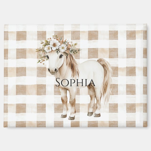 Aimant Cream White Plaid Stripes Horse Birthday (Recto)
