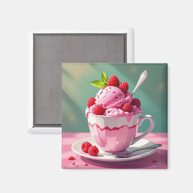 Aimant Crème glacée framboise dans une coupe de café rose (Recto/Verso)