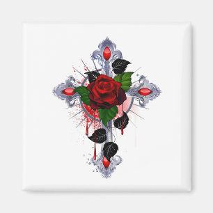 Aimant Croix d'argent avec une rose rouge