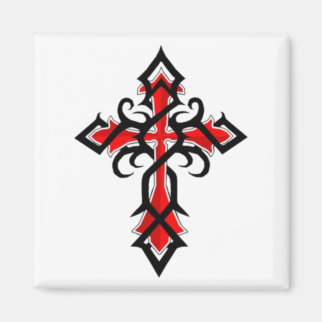 Aimant Croix de Jésus-Christ rouge et noire (Devant)