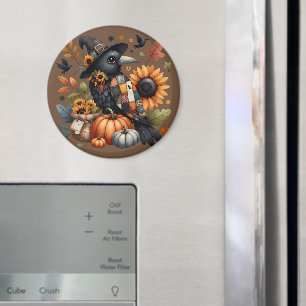 Aimant Crow Whimsical avec Citrouilles et tournesols
