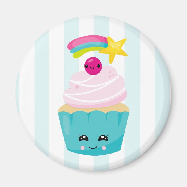 Aimant Cupcake bleu mignon avec visage Kawaii (Devant)