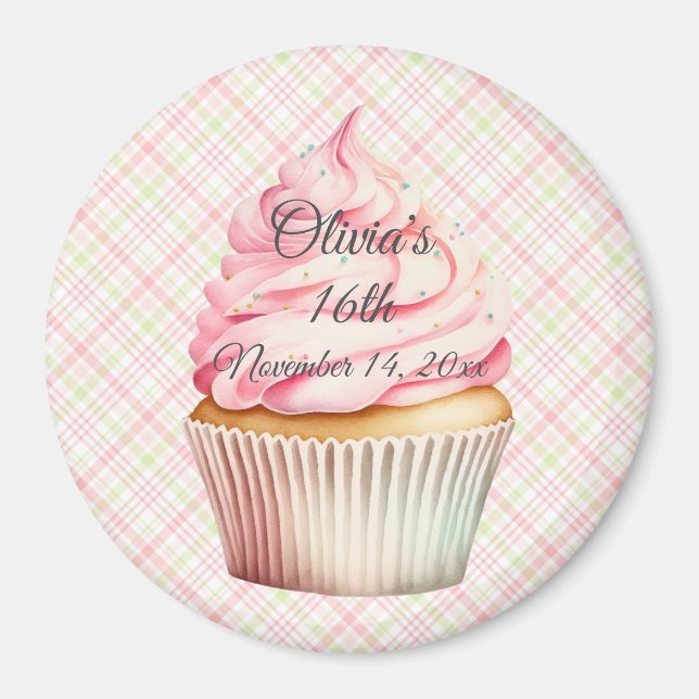 Aimant Cupcake rose Aquarelle Enregistrer l'aimant de dat (Devant)