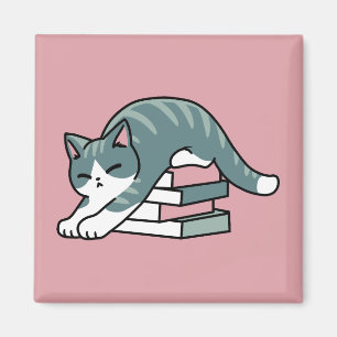 Aimant Curieux avec un livre et un chat - Lecture confort