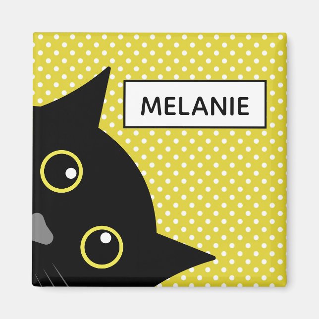 Aimant Curieux Chat Noir Polka Jaune Point Personnalisé (Devant)