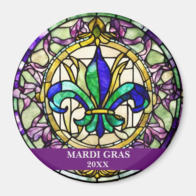 Aimant Custom Faux Stained Glass Mardi Gras Flower (Devant)