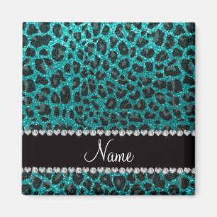 Aimant Custom name bright aqua glitter leopard print