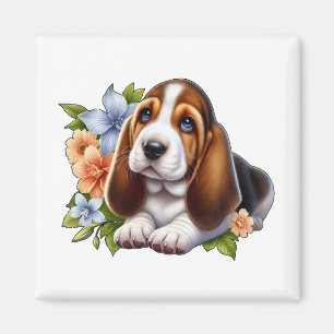 Aimant Cute Basset Hound Chiot assis avec des fleurs