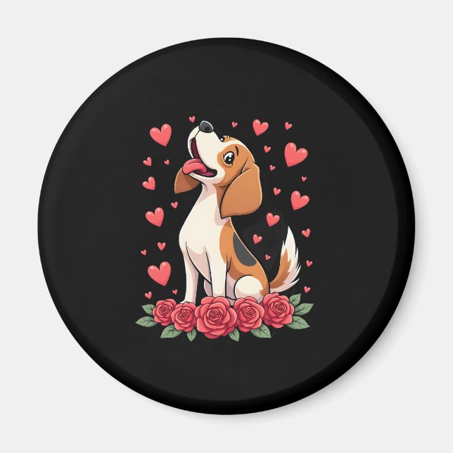 Aimant Cute Beagle with Red Roses Hearts Floral Valentine (Devant)