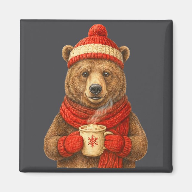 Aimant Cute Bear With Santa Hat Coffee Lover Funny Winter (Devant)