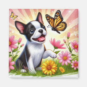 Aimant Cute Boston Terrier Chiot Jouant Avec Papillon