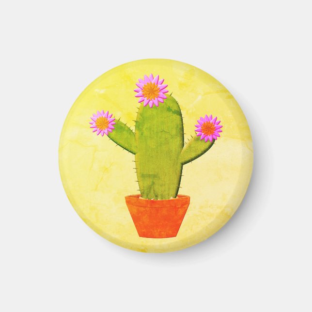 Aimant Cute Cactus En Dessin Avec Peinture De Fleurs Rose (Devant)