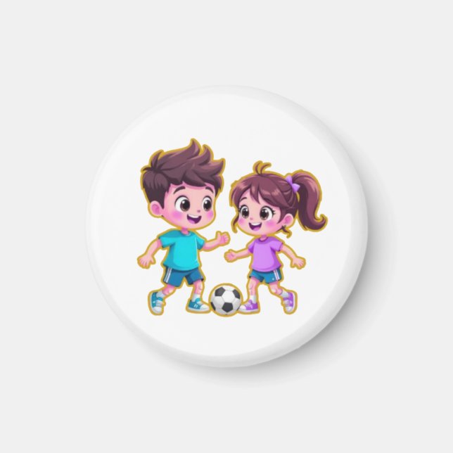 Aimant Cute Cartoon Boy and Girl Playing Soccer Together  (Devant)