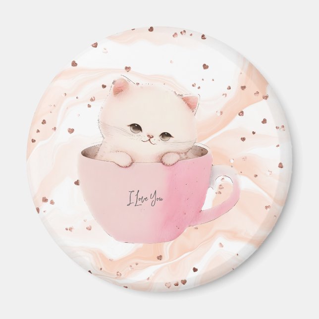 Aimant Cute chat rose blanc dans une tasse de thé (Devant)