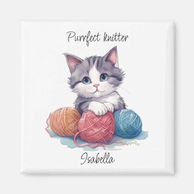 Aimant Cute chaton aquarelle avec fils nom personnalisé (Devant)