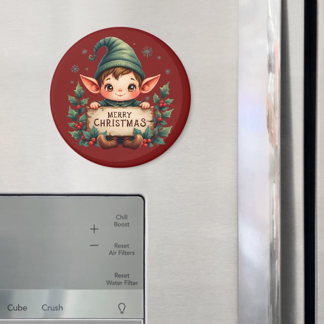 Aimant Cute Christmas Elf Holding Merry Sign Red (In situ (réfrigérateur))