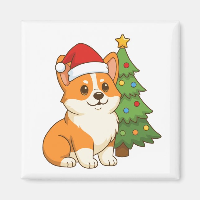 Aimant Cute Corgi Dog in a Red Hat with Christmas Tree (Devant)