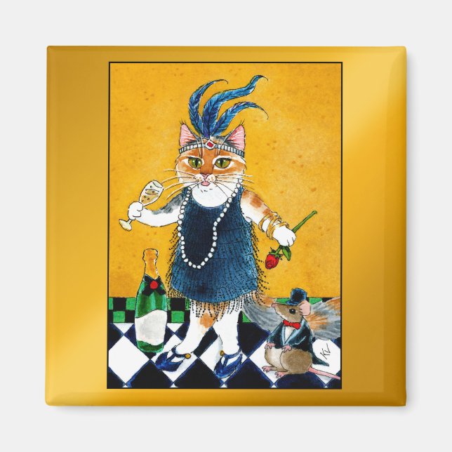Aimant Cute Flapper cat, souris Art Déco 1920 (Devant)