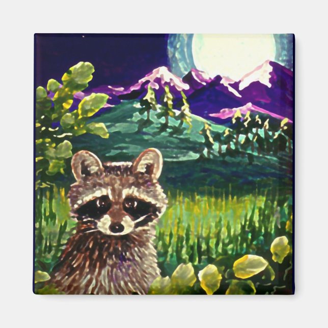 Aimant Cute Funny Raccoon Moon Mountains Créationarts LRA (Devant)