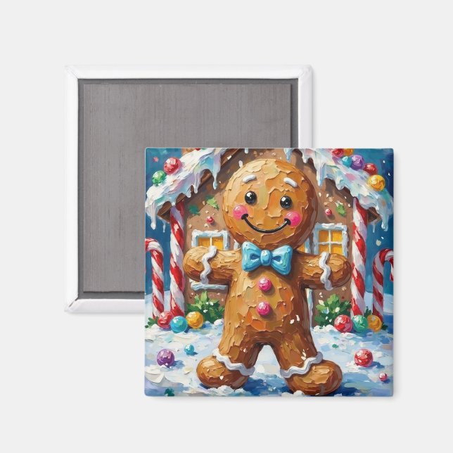 Aimant Cute Gingerbread Man Cheerful Christmas Cookie Art (Recto/Verso)