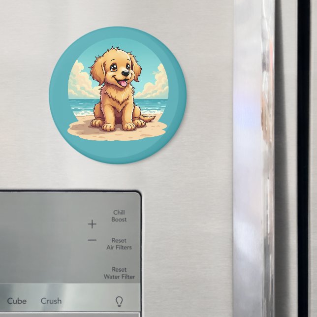 Aimant Cute Golden Puppy at Sunny Beach Scene (In situ (réfrigérateur))