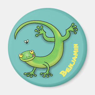 Aimant Cute happy green gecko greetings with bug cartoon