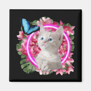 Aimant Cute Kitten avec papillon bleu sur néon tropical