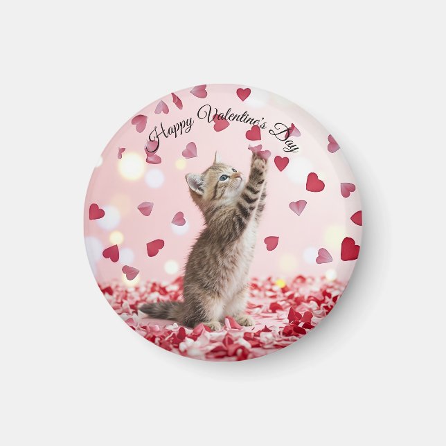 Aimant Cute Kitten Catching Valentine Heart Petals (Devant)