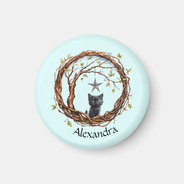 Aimant Cute Kitten noir regarder une étoile (Devant)