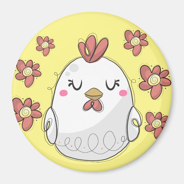Aimant Cute poulet avec fleurs rouges cuisine (Devant)