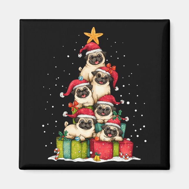 Aimant Cute Pug Le Dog Christmas Tree Xmas Hat Long Sleev (Devant)