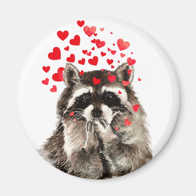Aimant Cute Raccoon souffler Baisers Amour Coeurs (Devant)