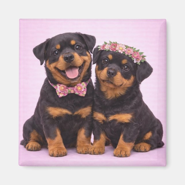 Aimant Cute Rottweiler Couple Valentine Illustration (Devant)