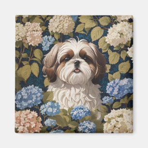 Aimant Cute Shih Tzu Chiot Blue hydrangea fleurs