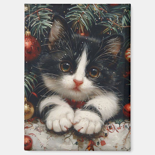 Aimant Cute Tuxedo Kitten Christmas Chat Art (Recto)