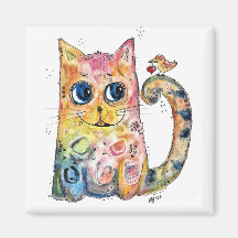 Cute Whimsical Happy Chat avec Bird