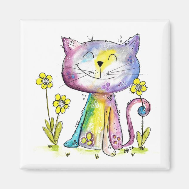 Aimant Cute Whimsical Happy Chat avec Fleurs Jaunes (Devant)