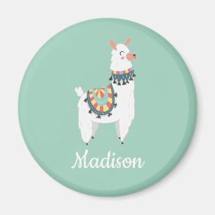 Aimant Cute White Llama Mint Green Monogram Name