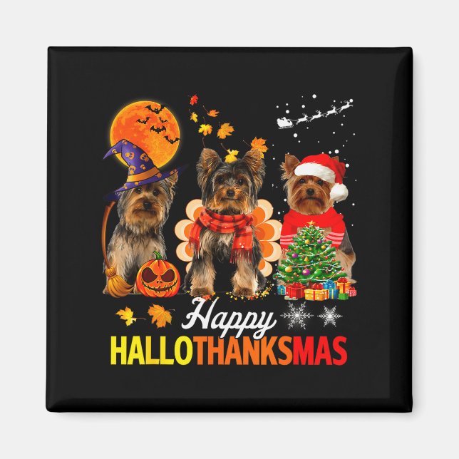 Aimant Cute Yorkie Happy Hallothanksmas Halloween Thanksg (Devant)