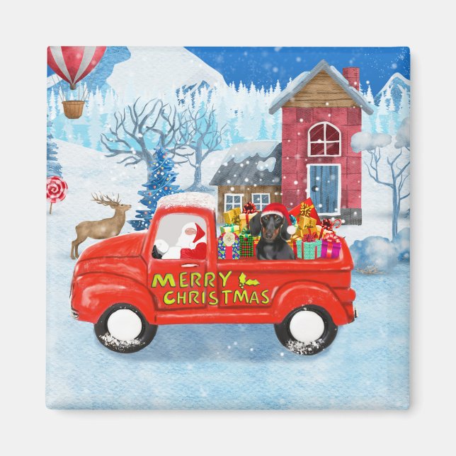 Aimant Dachshund Chien en livraison de Noël Camion Neige (Devant)
