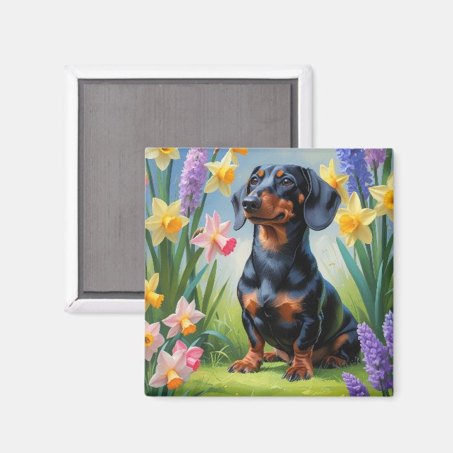 Aimant Dachshund Chien Fleurs de printemps Peinture (Recto/Verso)