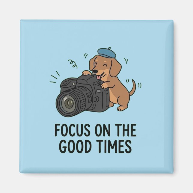 Aimant Dachshund With Camera "Focus on Good Times" Blue  (Devant)