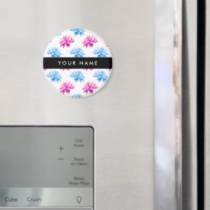 Aimant Dahlia rose et bleu, motif floral, Votre nom