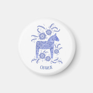 Aimant Dala Horse Blue Swedish Folk Art Custom Name