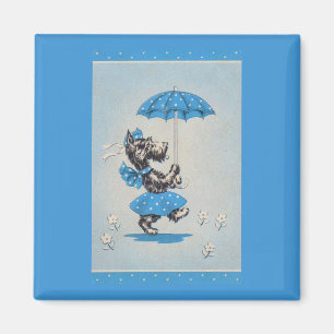 Aimant Dame de chien écossaise portant un parapluie
