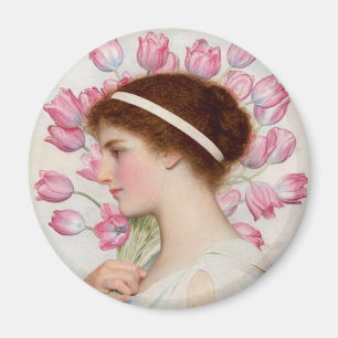 Aimant Dame en robe classique avec tulipes roses