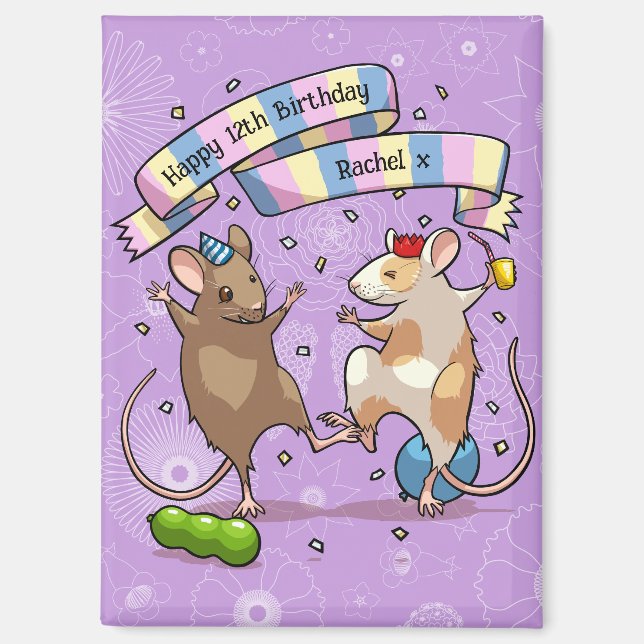 Aimant Dancing Mice Nom et âge Bonne fête d'anniversaire (Recto)